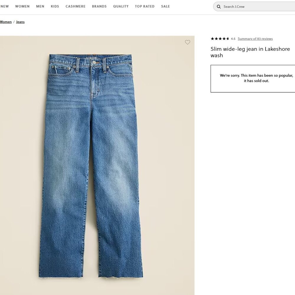 JCrew Slim Wide Leg Jean in Lakeshore wash Size 25 cropped